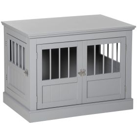 PawHut Wooden Dog Crate, Dog Furniture End Table with Triple Doors Steel Tubes Pewter Gray
