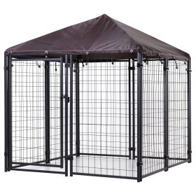 PawHut 5'x 5' Outdoor Dog Kennel with Roof, Steel Dog Fence with Water-and UV-Resistant Canopy, Jet Black